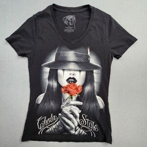 DGA Shirt Womens Small Black Chola Style Chicano Art Lowrider David Gonzales